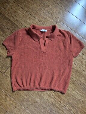 Livom Cropped Knit Polo Sweater Rust Cotton Blend Short Sleeve Women's M
